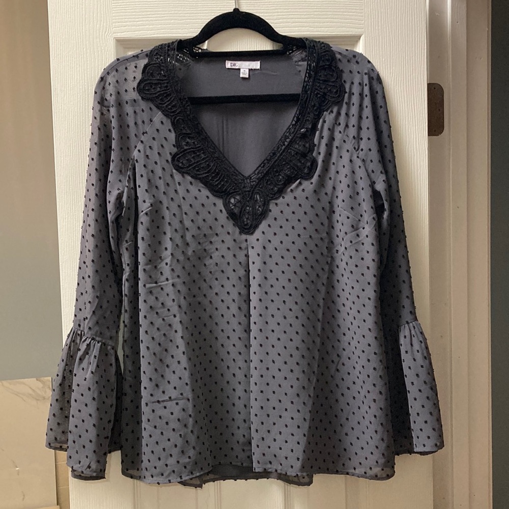 Gray & Black polka a dot blouse with lace